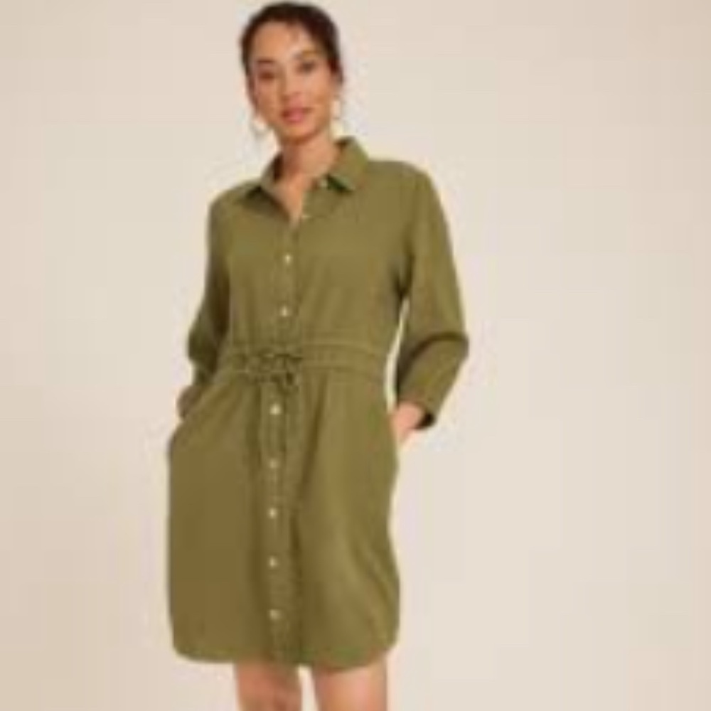 "NEW" Olive Green V-Neck 3/4 Sleeve Button Front Academia Shirt Dress Size S